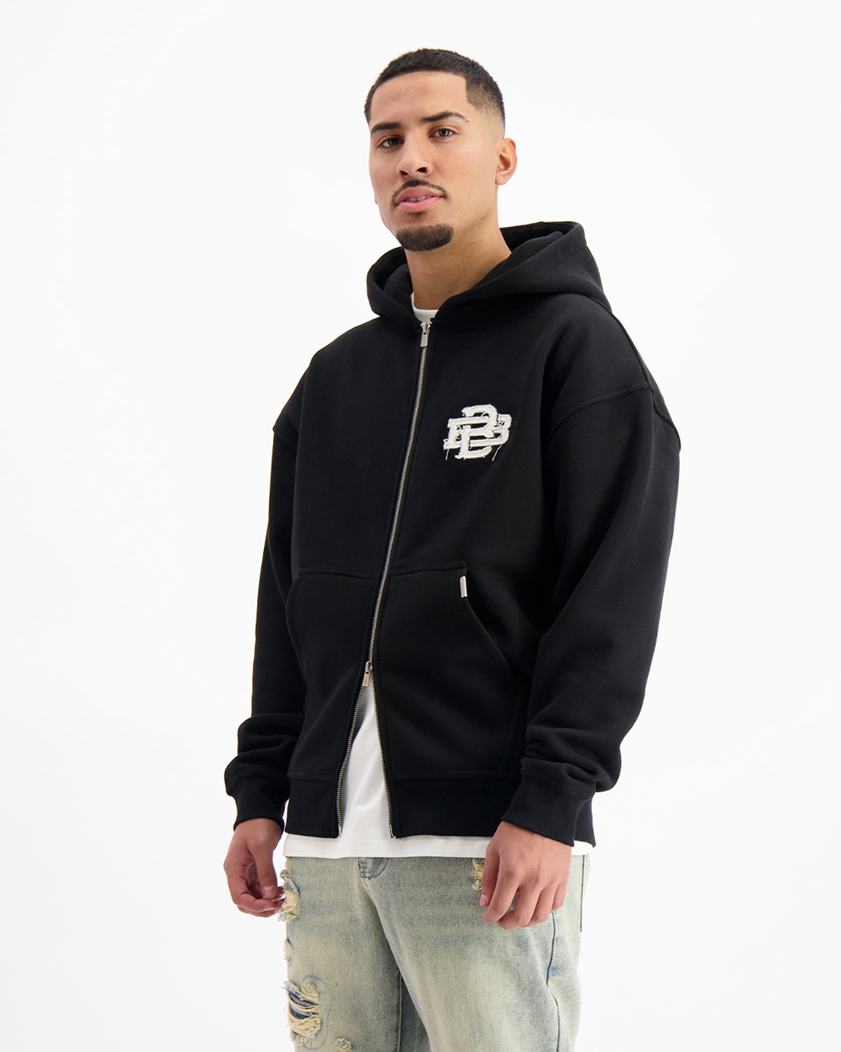 RIPPED ZIP HOODIE | Zwart